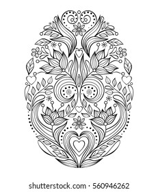 Floral easter egg on white background.Coloring page for children and adult. Vector illustration.