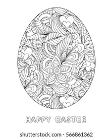 Floral easter egg on white background.Coloring page for children and adult. Vector illustration.