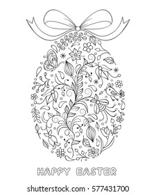 Floral easter egg on white background.Coloring page for children and adult. Vector illustration.