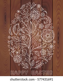 Floral easter egg on wooden plank. Vector illustration.