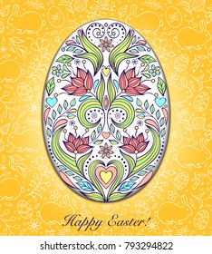 Floral easter egg on yellow background. Vector illustration.