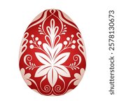 Floral easter egg. Red traditional decorated egg with flowers pattern. Vector folk ornate illustration. Happy easter hand painted egg for spring holiday cards, tags, banners, and wrapping.