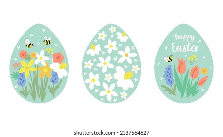 Floral Easter egg set Cute eggs with flower collection. Happy Easter decorative graphic element isolated. Spring holiday vector illustration. Easter egg with floral ornament. Meadow garden flowers.