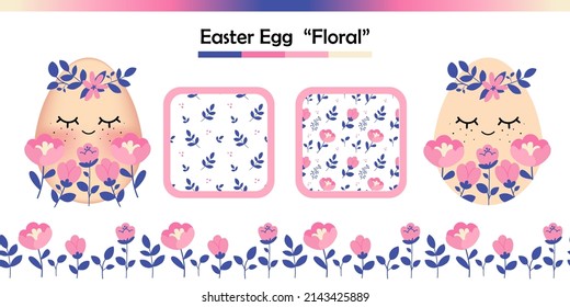Floral Easter Egg vector scene kit. Collection of cartoon elements, seamless patterns, and color palette for holiday scene creation with a cute mascot character