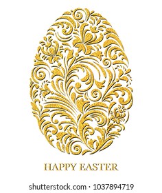 Floral easter egg withgolden texture on white background.Vector illustration.