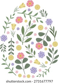 Floral Easter Egg Wreath with Spring Wildflowers and Botanical Elements. Vector spring flowers are in egg shape on a transparent background.