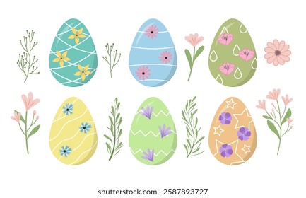 Floral Easter Eggs Collection with Decorative Spring Elements, Holiday Clipart for Crafts and Design Projects