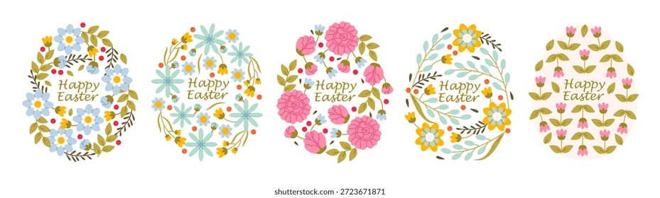 Floral Easter Eggs with Happy Easter Greeting. Pastel botanical elements, wreaths, and flowers create a cheerful holiday greeting design.