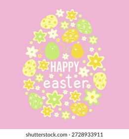 Floral Easter eggs with Happy Easter greeting. Pastel eggs, chicks, wreaths and flowers create a cheerful holiday design, congratulations.
