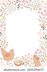 Floral Easter frame with hen, Easter eggs in basket, little rabbit bunny. Cute vector illustration in beige pastel colors, tiny meadow flowers. Spring card, poster, greeting, border element