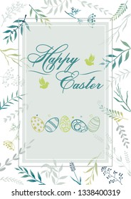 Floral easter frame. Twigs, herbs, flowers and easter eggs. Happy Easter.
