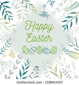 Floral easter frame. Twigs, herbs, flowers and easter eggs. Happy Easter. 
