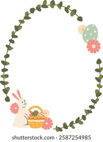 Floral Easter Oval Frame With Eggs Vector Illustration