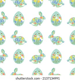 Floral easter rabbit egg pattern. Floral easter bunny pattern. Eggs hunt summer garden textile design. Cute rabbits and eggs floral background. Spring easter wallpaper, print vector illustration.