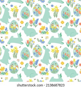 Blumenhaarchen-Muster. Blumenhain-Hase-Muster. Eier jagen Sommergarten Textildesign. Geräumige weiße Kaninchen auf floralem Hintergrund. Frühlingstextilien, Tapete, Vektorgrafik.
