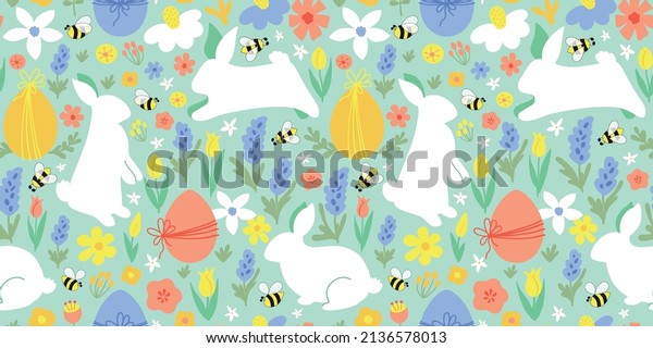 Floral easter rabbit pattern. Floral easter bunny pattern. Eggs hunt summer garden textile design. Cute white rabbits on floral background. Spring easter textile, wallpaper, print vector illustration.