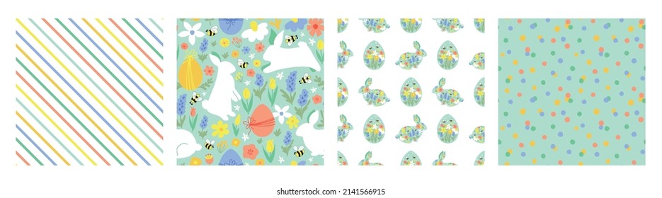 Floral easter rabbit pattern set. Floral easter bunny pattern collection. Vector eggs hunt summer garden textile design