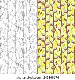 Floral easter seamless pattern.  Colorful. Black and white. Contour pattern. Willow twig.