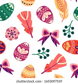 Floral easter seamless pattern. Holiday background with eggs, flowers and leaves. Vector illustration
