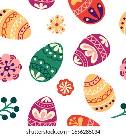 Floral easter seamless pattern. Holiday background with eggs, flowers and leaves. Vector illustration