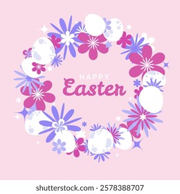 Floral Easter wreath with decorated eggs on a pastel pink background. Festive spring holiday design with a decorative frame and greeting text.Festive Template for postcard or invitation.Vector