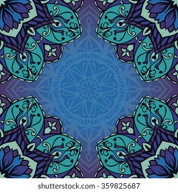 Floral, eastern, filigree pattern of mandalas on a indigo background. Vector elegance ornament. Stylized template for carpet, shawl, cover, veil, wallpaper, cushion.