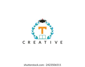 Floral ecology organic leaves circle minimal latter   T     logo design template for education vector illustration.