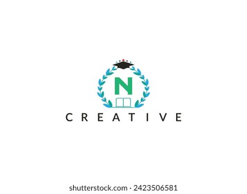 Floral ecology organic leaves circle minimal latter    N    logo design template for education vector illustration.