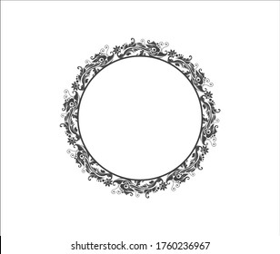 florales, kreisförmiges Design, mit Blumen und Blättern in schwarzen Farben, Vektorgrafik einzeln auf weißem Hintergrund.