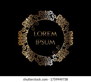floral edging circular design, with golden flower and leaves, vector isolated on black background.