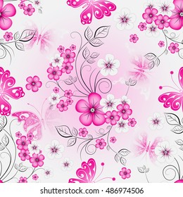 Floral effortless spring pattern with gradient cherry flowers and butterflies (vector)