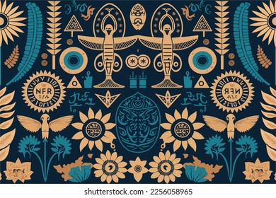 Floral egyptian hieroglyphs pattern. Abstract traditional folk antique tribal ethnic graphic line. Texture textile fabric egyptian patterns vector. Ornate elegant luxury vintage retro style.