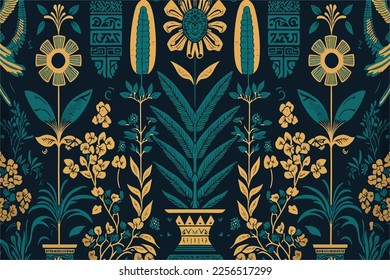 Floral egyptian hieroglyphs pattern. Abstract traditional folk antique tribal ethnic graphic line. Texture textile fabric egyptian patterns vector. Ornate elegant luxury vintage retro style.