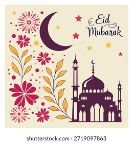 Saudação floral do Eid Mubarak com cúpula de mesquita, lua crescente e ornamentos festivos.