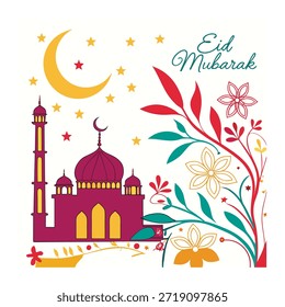 Saudação floral do Eid Mubarak com cúpula de mesquita, lua crescente e ornamentos festivos.