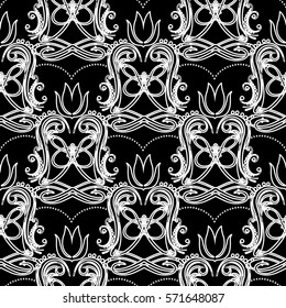 Floral elegance isolated vector seamless pattern background wallpaper illustration with vintage stylish beautiful modern white  flowers leaves and line art ornaments on the black  background.
