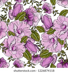 
floral elegance seamless pattern with flowers purple mallow, rose. 
Detailed botanical hand drawing.Perfect for summer and spring for fabric, textile design,paper wrapper