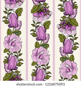 floral elegance seamless pattern with flowers purple mallow, rose with a striped pattern. 
Detailed botanical hand drawing.Perfect for summer and spring for fabric, textile design,paper wrapper