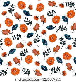 
floral elegance seamless pattern with flowers Orange mallow, rose. 
Detailed botanical hand drawing.Perfect for summer and spring for fabric, textile design,paper wrapper
