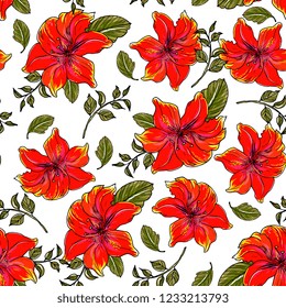 
floral elegance seamless pattern with flowers red lily with leaves. 
Detailed botanical hand drawing.Perfect for summer and spring for fabric, textile design,paper wrapper