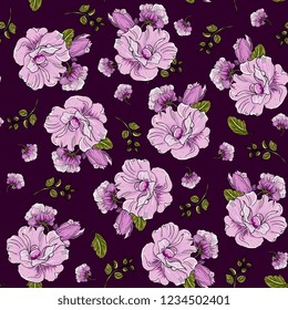 floral elegance seamless pattern with flowers lilac roses, mallow with leaves on a dark background. 
botanical hand drawing.Perfect for summer and spring for fabric, textile design,paper wrapper