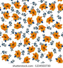 floral elegance seamless pattern with flowers orange lily with leaves. 
Detailed botanical hand drawing.Perfect for summer and spring for fabric, textile design,paper wrapper