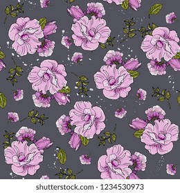 floral elegance seamless pattern with flowers lilac roses, mallow with leaves on a gray background. 
botanical hand drawing.Perfect for summer and spring for fabric, textile design,paper wrapper