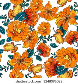 
floral elegance seamless pattern with flowers orange lily and mallow, roses with leaves. 
Detailed botanical hand drawing.Perfect for summer and spring for fabric, textile design,paper wrapper