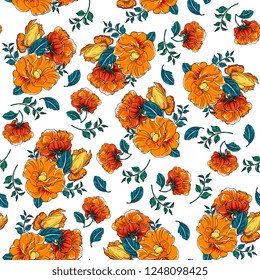 
elegância floral padrão sem emenda com flores lírio laranja e malva, rosas com folhas. 
Detalhado desenho de mão botânica.Perfeito para verão e primavera para tecido, design têxtil, capa de papel