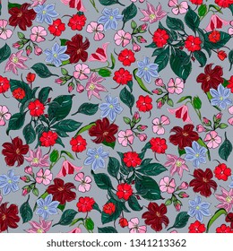 floral elegance seamless pattern with flowers clematis, balsam, geranium. Detailed botanical hand drawing.Perfect for summer and spring for fabric, textile design,paper wrapper