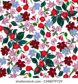 floral elegance seamless pattern with flowers clematis, balsam, geranium. Detailed botanical hand drawing.Perfect for summer and spring for fabric, textile design,paper wrapper
