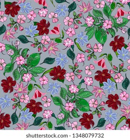 floral elegance seamless pattern with flowers clematis, balsam, geranium. Detailed botanical hand drawing.Perfect for summer and spring for fabric, textile design,paper wrapper