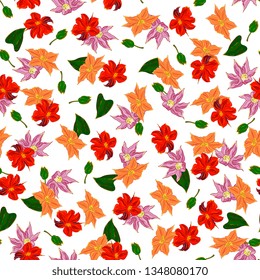 floral elegance seamless pattern with flowers clematis, balsam, geranium. Detailed botanical hand drawing.Perfect for summer and spring for fabric, textile design,paper wrapper