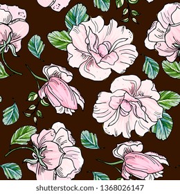 floral elegance seamless pattern with flowers purple mallow, rose. Detailed botanical hand drawing.Perfect for summer and spring for fabric, textile design,paper wrapper